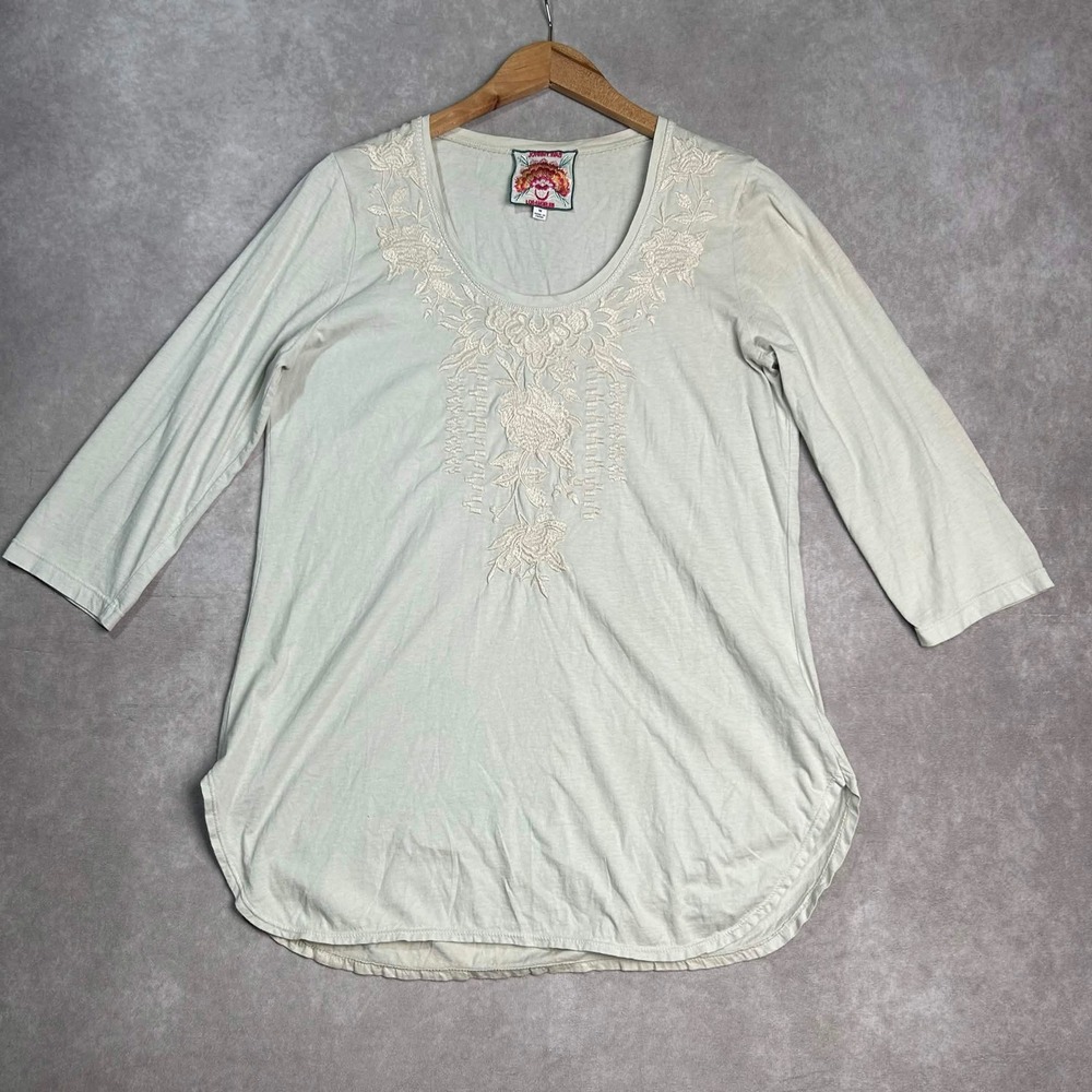 Johnny Was Los Angeles Embroidered Cotton Tunic Top Sage Green Womens Medium